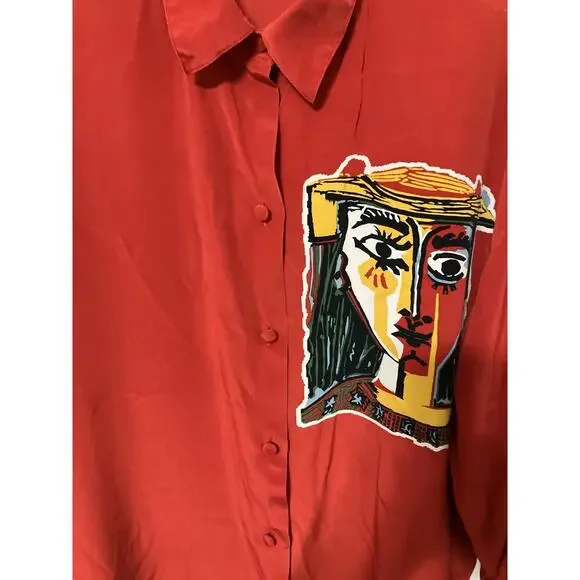 Women's Vintage Picasso Portrait of A Women Shirt  Long Sleeve Silk Sz Large - Picture 3 of 6